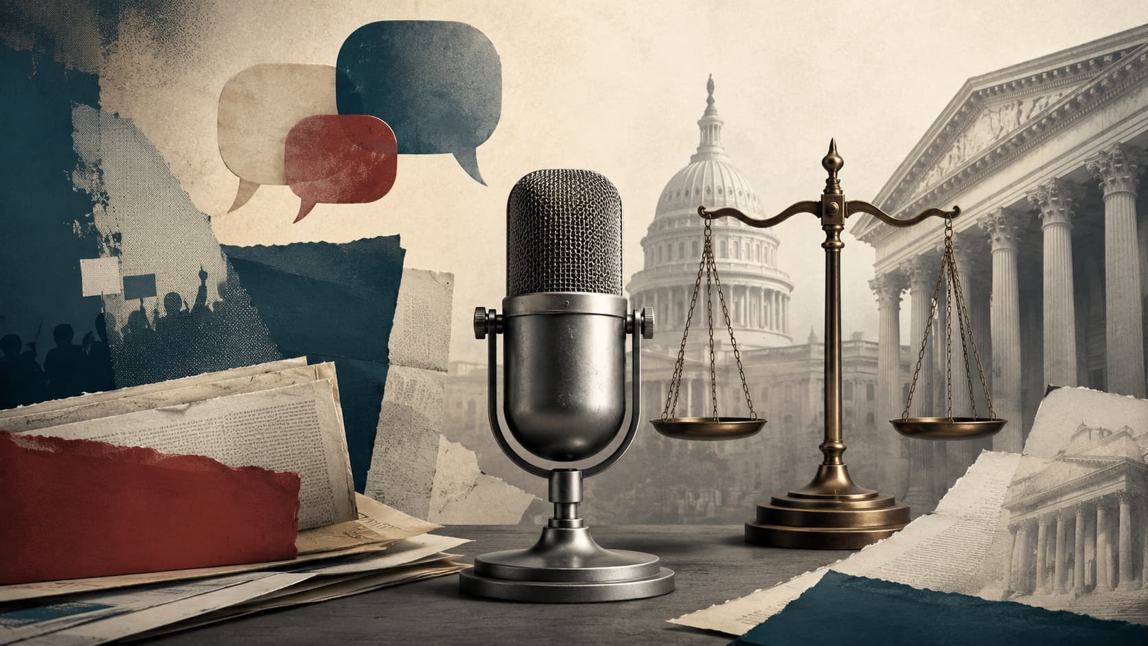 Editorial illustration of a microphone, legal scales, and speech bubbles