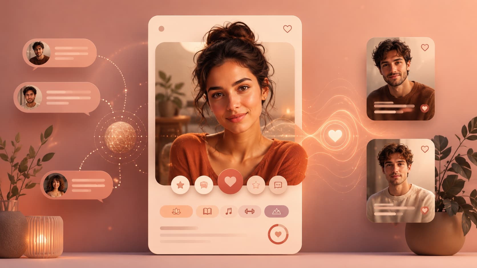 Illustrated portrait of an AI-generated romantic match profile interface