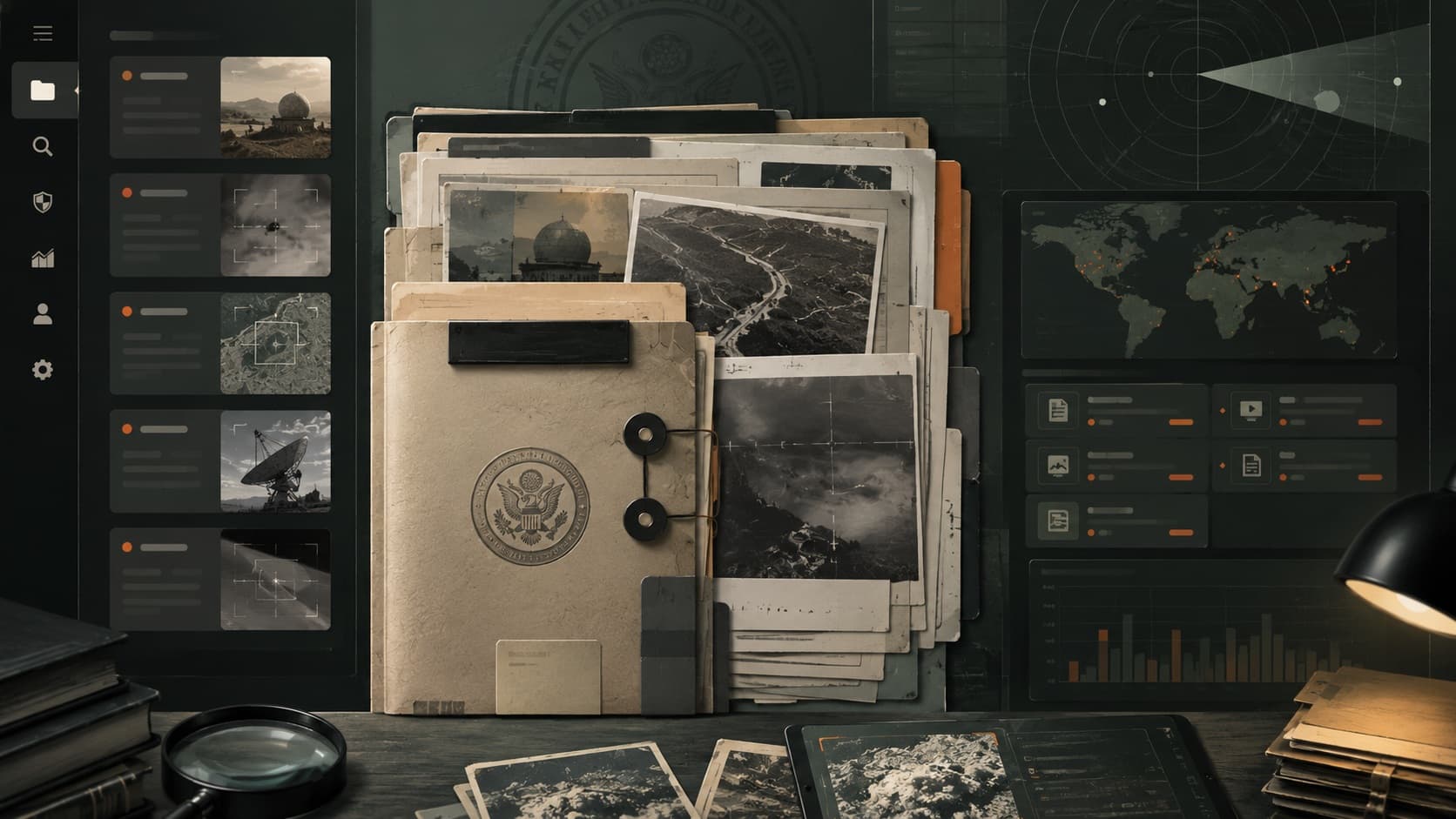 Document tracker interface with a radar dish and highlighted official files
